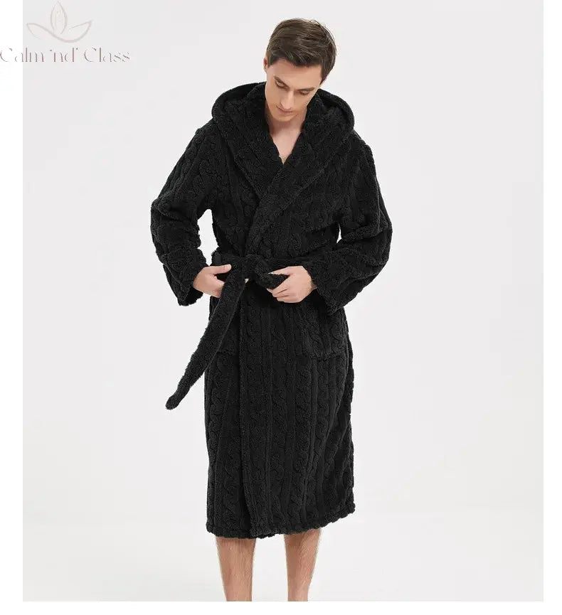 Warm Sleepwear Thicken Jacquard Flannel Men Robe Plush Coral Fleece Hooded Bathrobe Gown Winter Lounge Wear Home Wear Nightwear Calm and Class