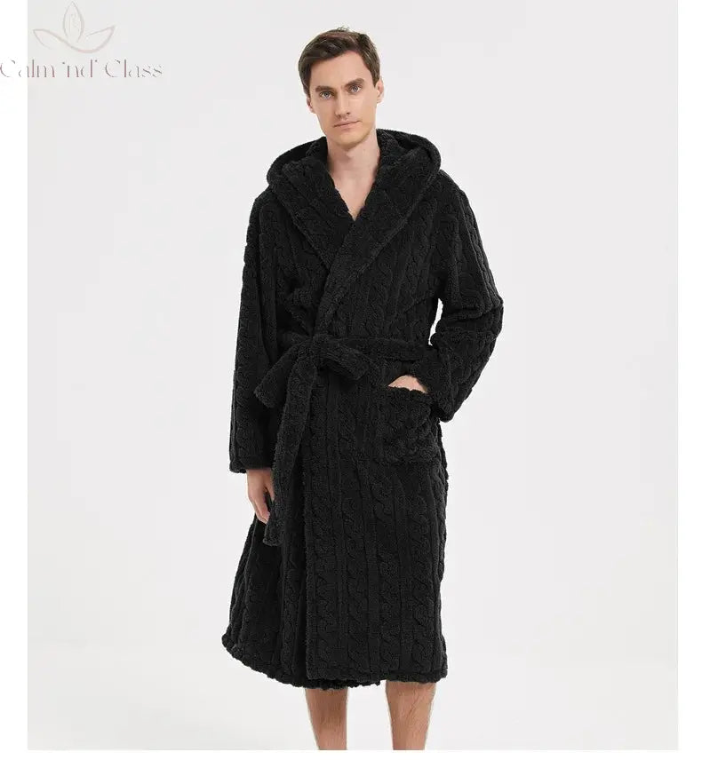 Warm Sleepwear Thicken Jacquard Flannel Men Robe Plush Coral Fleece Hooded Bathrobe Gown Winter Lounge Wear Home Wear Nightwear Calm and Class