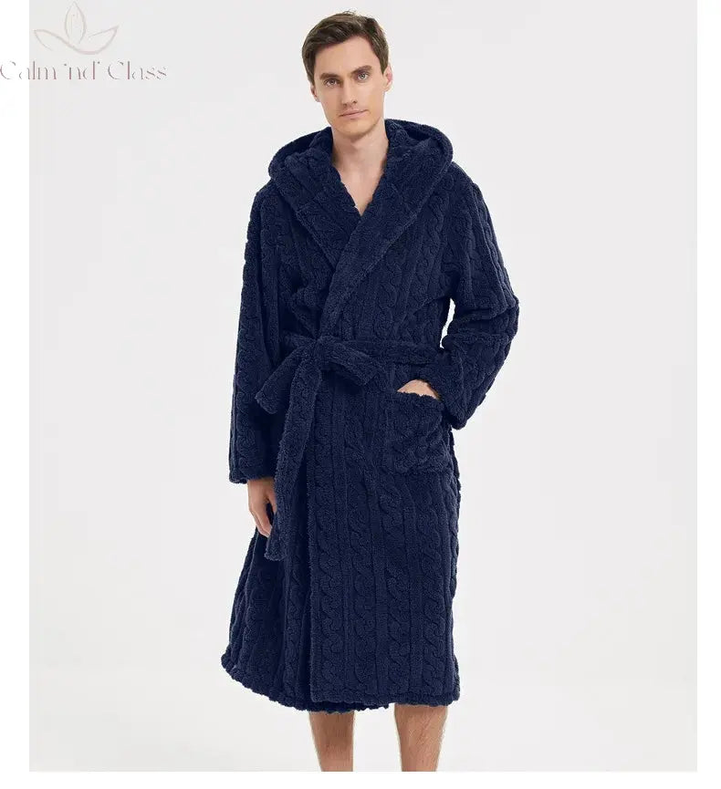 Warm Sleepwear Thicken Jacquard Flannel Men Robe Plush Coral Fleece Hooded Bathrobe Gown Winter Lounge Wear Home Wear Nightwear Calm and Class