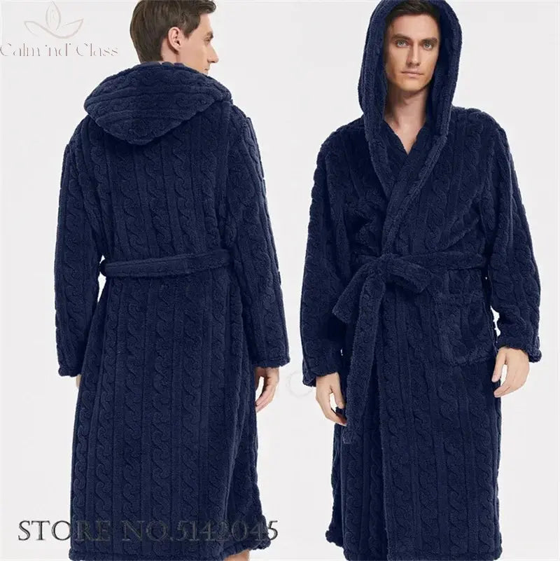 Warm Sleepwear Thicken Jacquard Flannel Men Robe Plush Coral Fleece Hooded Bathrobe Gown Winter Lounge Wear Home Wear Nightwear Calm and Class