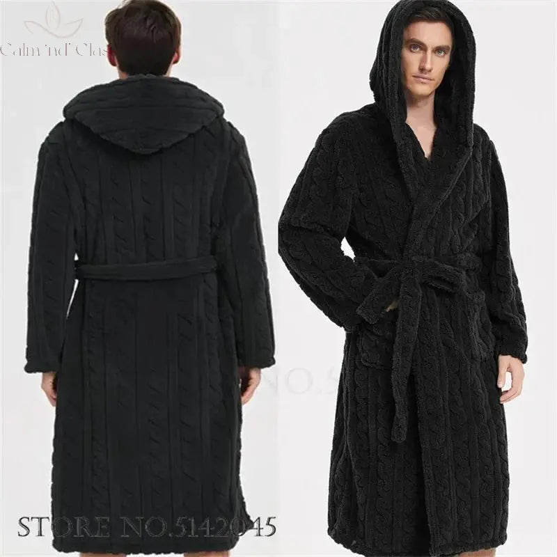 Warm Sleepwear Thicken Jacquard Flannel Men Robe Plush Coral Fleece Hooded Bathrobe Gown Winter Lounge Wear Home Wear Nightwear Calm and Class