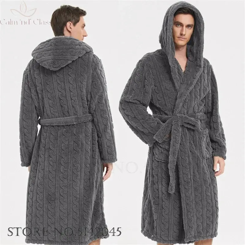 Warm Sleepwear Thicken Jacquard Flannel Men Robe Plush Coral Fleece Hooded Bathrobe Gown Winter Lounge Wear Home Wear Nightwear Calm and Class