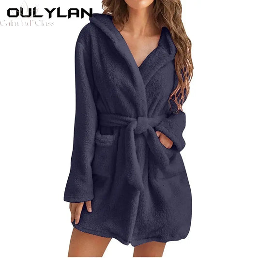 Women Winter Warm Hooded Plush Flannel Thicken Kimono Bathrobe Home Clothes Long Sleeved Short Robe Sleepwear Nightwear Calm and Class