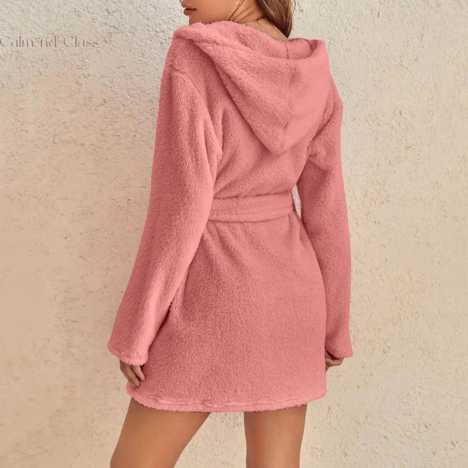 Women Winter Warm Hooded Plush Flannel Thicken Kimono Bathrobe Home Clothes Long Sleeved Short Robe Sleepwear Nightwear Calm and Class