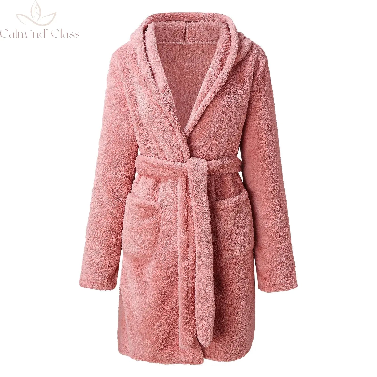 Women Winter Warm Hooded Plush Flannel Thicken Kimono Bathrobe Home Clothes Long Sleeved Short Robe Sleepwear Nightwear Calm and Class