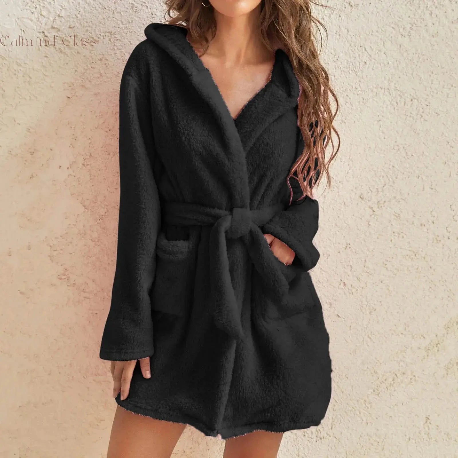 Women Winter Warm Hooded Plush Flannel Thicken Kimono Bathrobe Home Clothes Long Sleeved Short Robe Sleepwear Nightwear Calm and Class