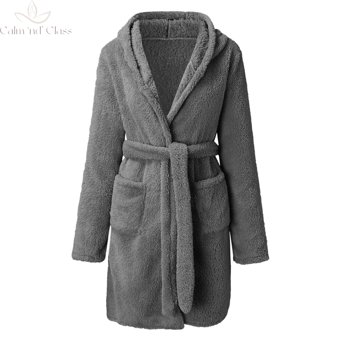 Women Winter Warm Hooded Plush Flannel Thicken Kimono Bathrobe Home Clothes Long Sleeved Short Robe Sleepwear Nightwear Calm and Class