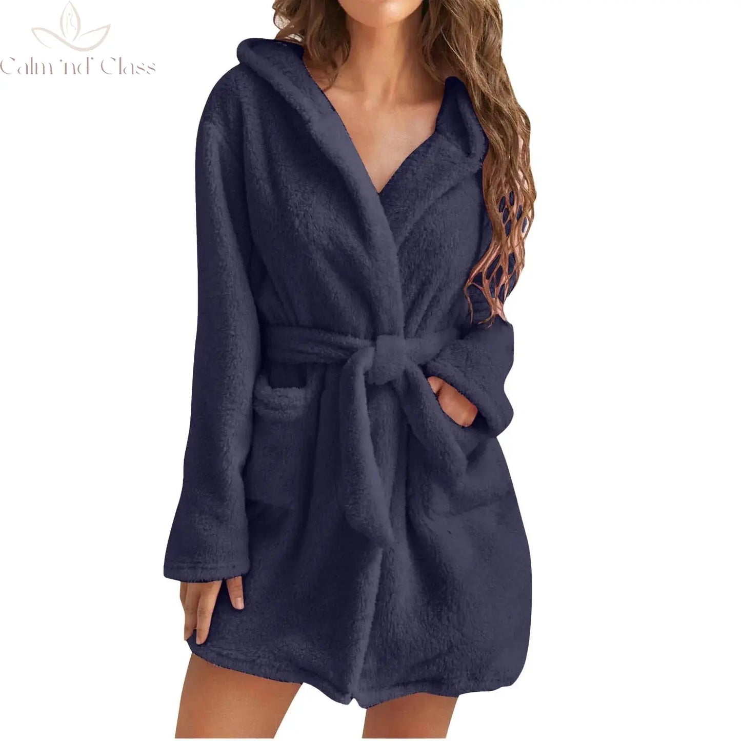 Women Winter Warm Hooded Plush Flannel Thicken Kimono Bathrobe Home Clothes Long Sleeved Short Robe Sleepwear Nightwear Calm and Class