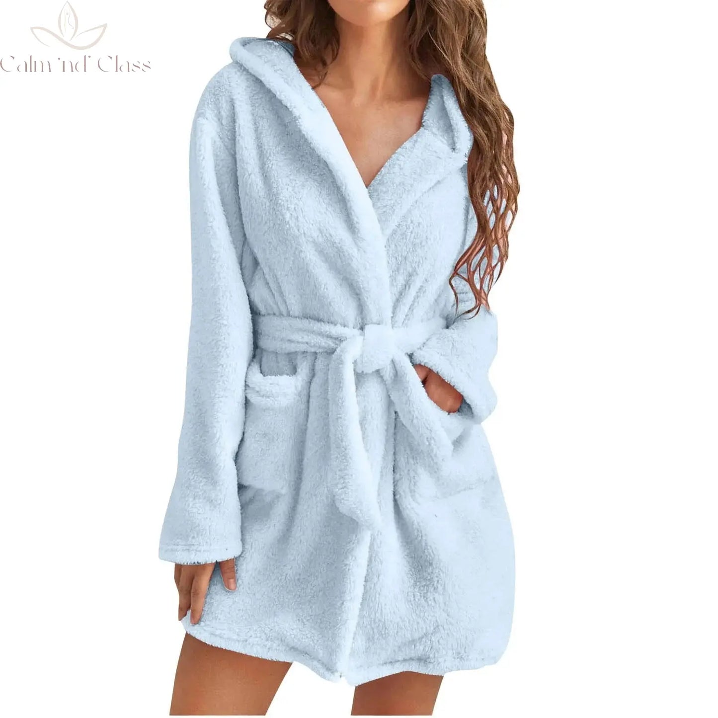 Women Winter Warm Hooded Plush Flannel Thicken Kimono Bathrobe Home Clothes Long Sleeved Short Robe Sleepwear Nightwear Calm and Class