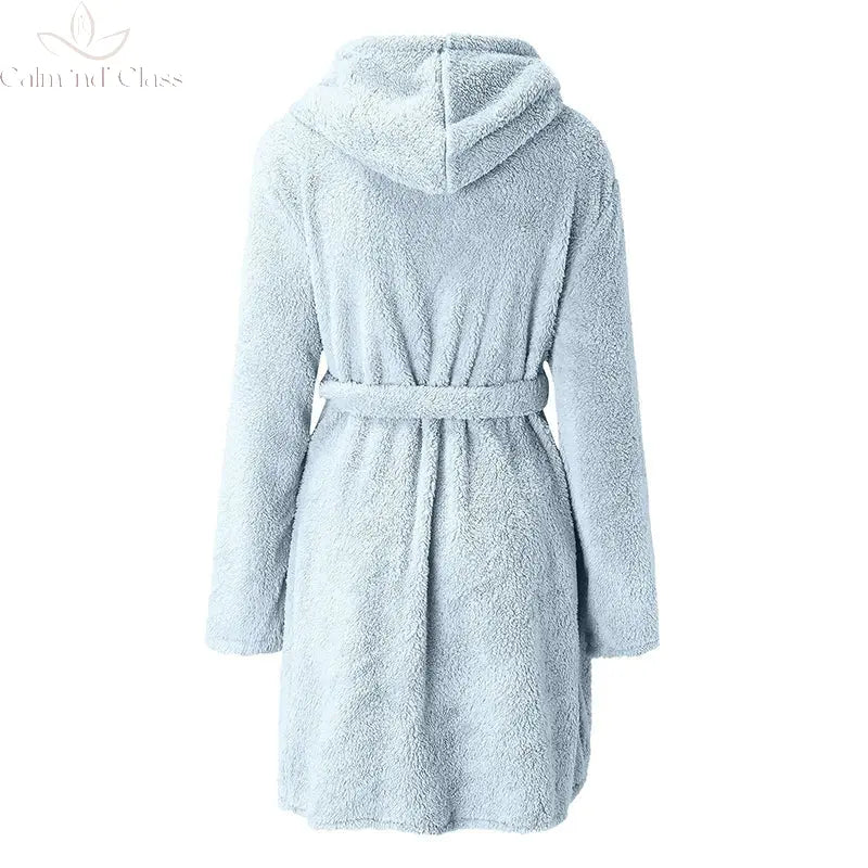 Women Winter Warm Hooded Plush Flannel Thicken Kimono Bathrobe Home Clothes Long Sleeved Short Robe Sleepwear Nightwear Calm and Class