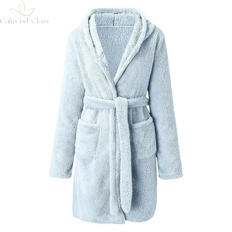 Women Winter Warm Hooded Plush Flannel Thicken Kimono Bathrobe Home Clothes Long Sleeved Short Robe Sleepwear Nightwear Calm and Class