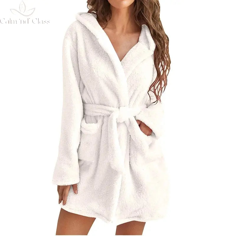 Women Winter Warm Hooded Plush Flannel Thicken Kimono Bathrobe Home Clothes Long Sleeved Short Robe Sleepwear Nightwear Calm and Class